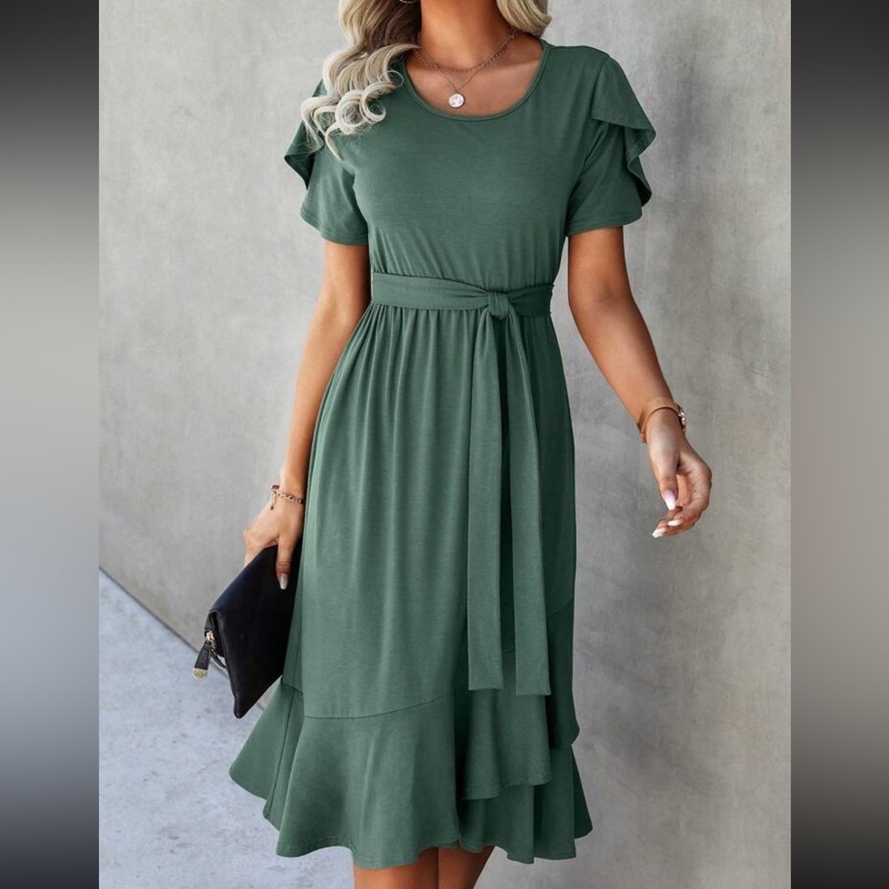 Summer Casual Sage Green Round Neck Petal Sleeve Cinch Waist Maxi Dress Sz Large